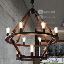industral Лофт 12 огней Круглая Люстра Винтаж 2 железное кольцо пеньковая веревка Подвесные светильники
