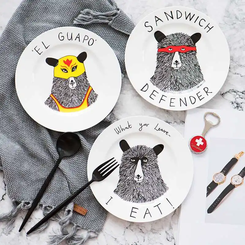 

Cute Cartoon Bear Pattern Plates Quality Bone Porcelain Temperature Resistant Western Dessert Steak Dishes Tableware Decoration