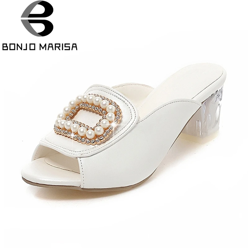 

BONJOMARISA 2020 Large Size 32-43 Fashion Peep Toe Square High Heels Slip On Women Shoes Woman Summer Mules Shoes