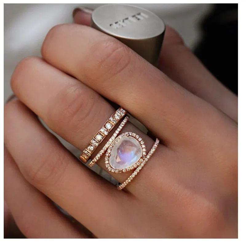 Luxury Big Crystal Double Layer Rings For Woman Silver Gold Finger Ring Fit Wedding & Engagement