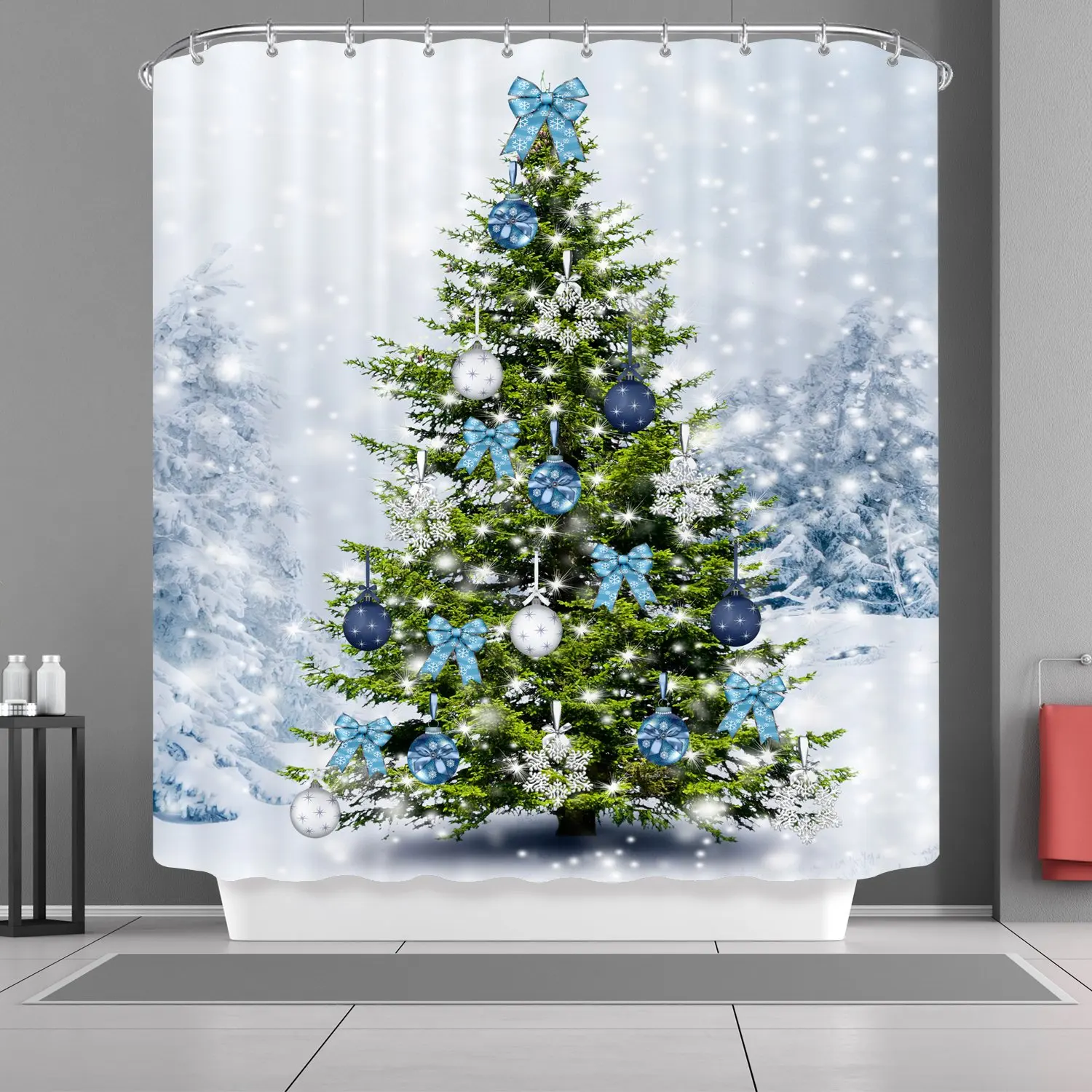 

Christmas Shower Curtain Snowflake Christmas Tree with Ornaments Ball Bath Curtain Decorative Waterproof Bathroom Shower Curtain