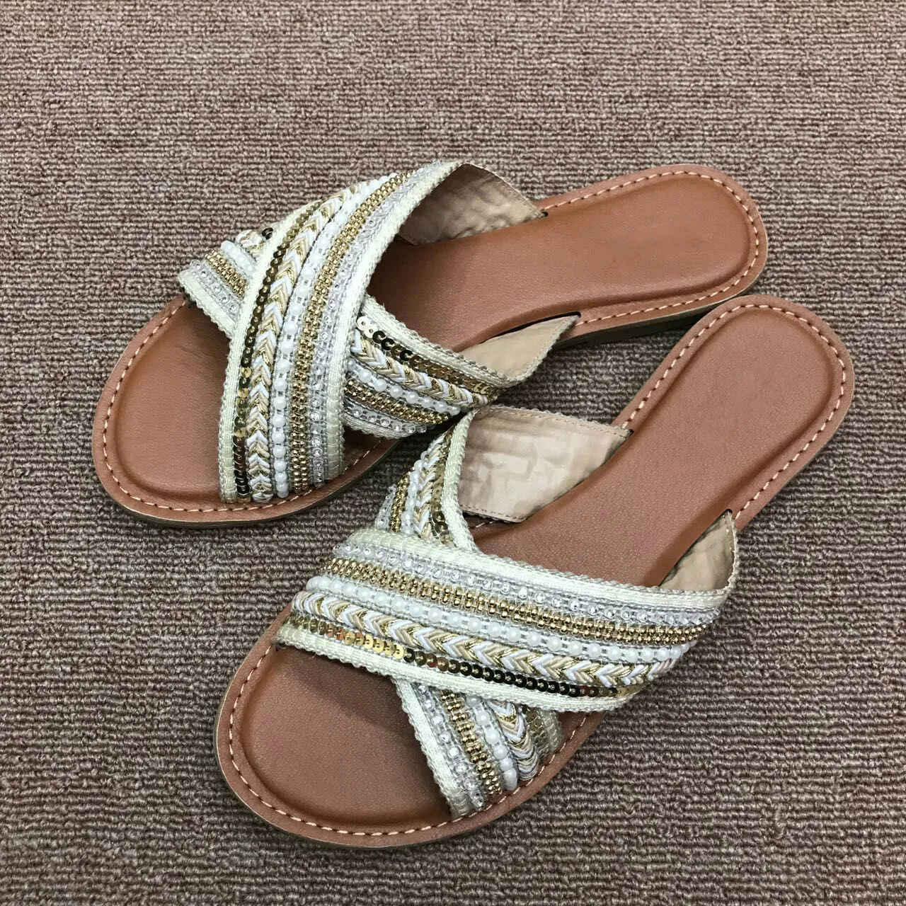 

Cross Belt Colored Beads National Wind Women's Shoes Flat with Slides Shoes 2019 Women Summer Outside Slippers Size 36-41