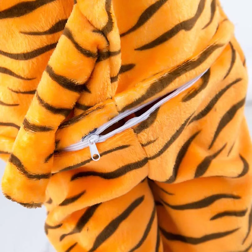 Tiger Costume Pajamas Cartoon Animal Cosplay Flannel Jumpsuit Kids Pijama Children Kigurumi Onesie Pockets Hooded Hips Zipper