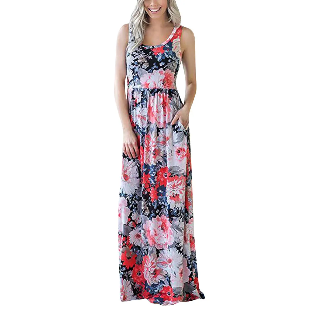 

KLV Women Summer Long Maxi Dress Casual Flora Print Boho Beach Dress Sexy Evening Party Dress Vestidos Largos Mujer XXXL 4.23