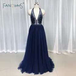 Темно-синие вечерние платья длинный, с бретелями A-Line листья платье с бисером для выпускного вечера 2019 вечернее платье для вечеринки Платье