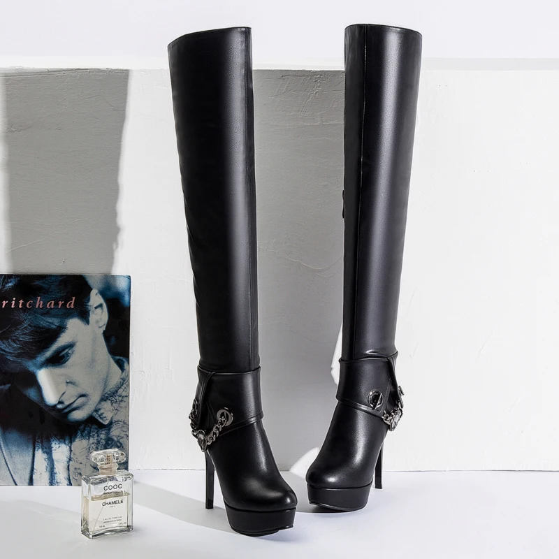 WETKISS/зимние женские сапоги на шпильке женская обувь выше колена с круглым носком, украшенная кристаллами, на платформе женская обувь г. черного цвета