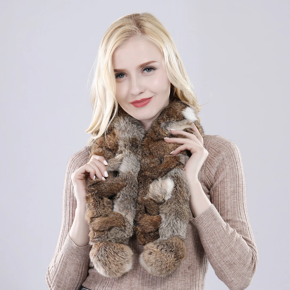 Natural Knitted Rabbit Fur Muffler Winter Women Warm Real Rabbit