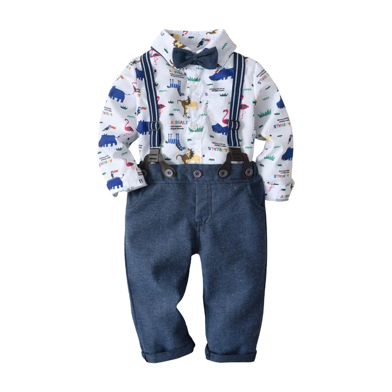 

2019 Spring Infant Boy Suit Set Animal Printing Romper + Pants + Belt 3 Pieces Suits 1-3 Years Kids Clothing for Wedding Party