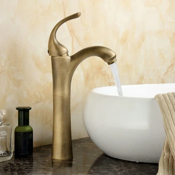 

Free Shipping Tall Solid Style Antique Brass Bathroom Faucet Classic Deck Mounted Single Handle Brass Basin Sink Mixer Tap A-029