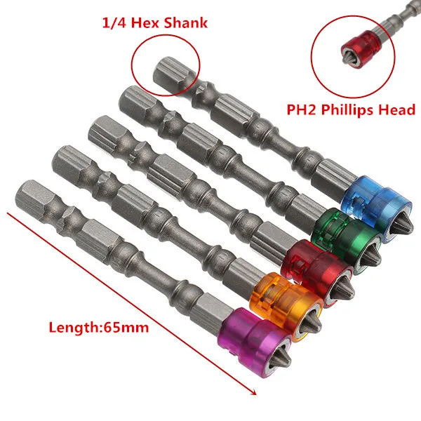 5Pcs 65mm S2 Alloy PH2 Phillips Magnetic Screwdriver Bits 1/4 Inch Hex Shank Drywall Screwdriver
