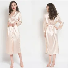 Атласный шелк пижамы Халаты для женщин с длинным рукавом пижамы ночное Femme Lounge Пижама Черный