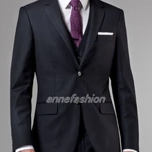 Заказ 150's высокого качества камвольно чистая шерсть костюм два Пуговицы темно-синий в полоску Slim Fit костюм(куртка+ Штаны+ жилет
