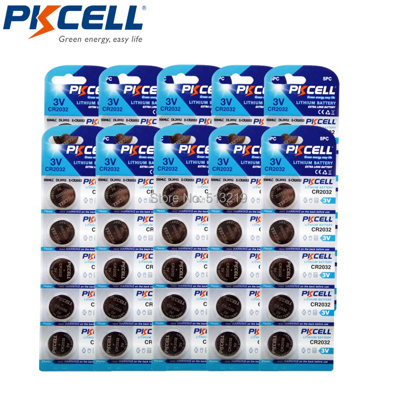 50 шт./10 карт PKCELL cr2032 батарея 3 в литиевые батареи DL2032, BR2032, KL2032, 15004LC, L2032, ecr2032для игрушечных часов ключи