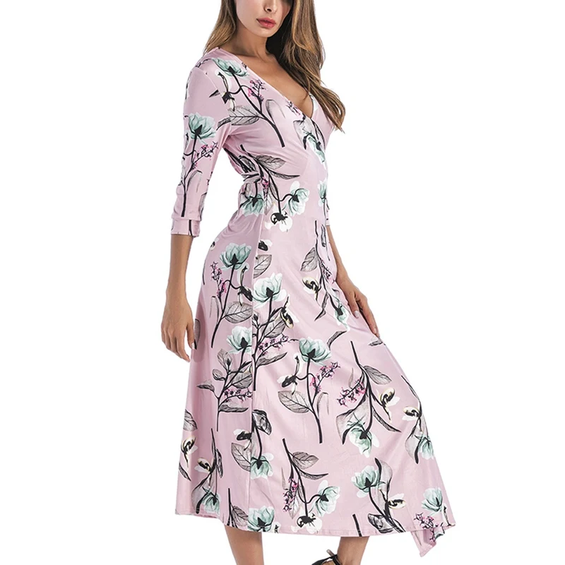 

Summer Floral Print Sexy V-Neck Dress 3/4 Sleeve Lace Cardigan Ladies High Waist Long Women Dress vestido 2019 New Fashion J2