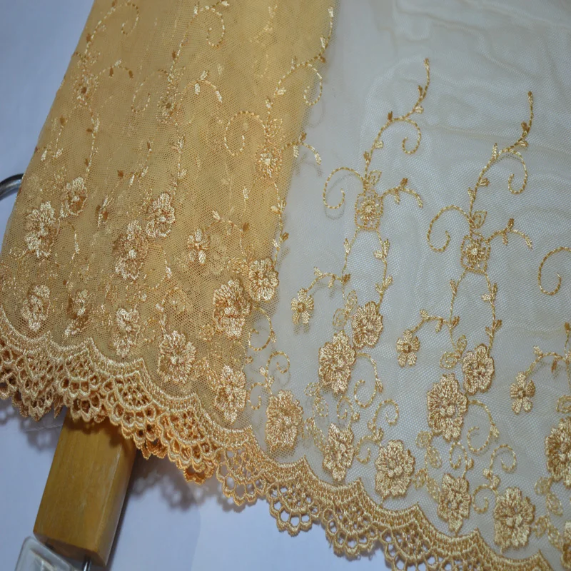 23 см(2 ярда/партия) блестящая шелковая Золотая Цветочная вышивка с сеткой Высококачественная кружевная ткань вышитая кружевная отделка-1722616