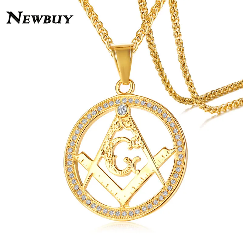 

NEWBUY Trendy Hip Hop CZ Masonic Pendant Necklace For Men Gold Color Link Chain Stainless Steel Necklace Club Jewelry