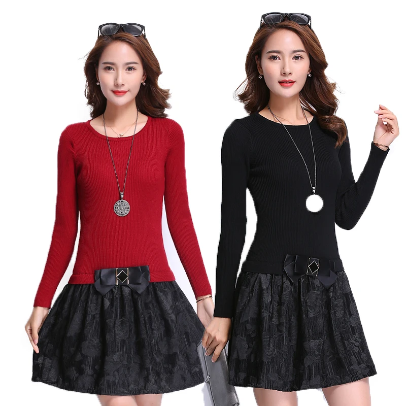 

2017 autumn and winter womens dress one-piece plus size loose knitted sweater dresses pullover elegant female printing dress