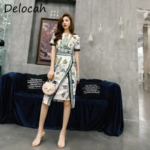 Delocah 2019 Women Spring Summer Dress Runway Fashion Designer Short Sleeve Bow Tie  Asymmetrical Elegant Vintage Vacation Dress