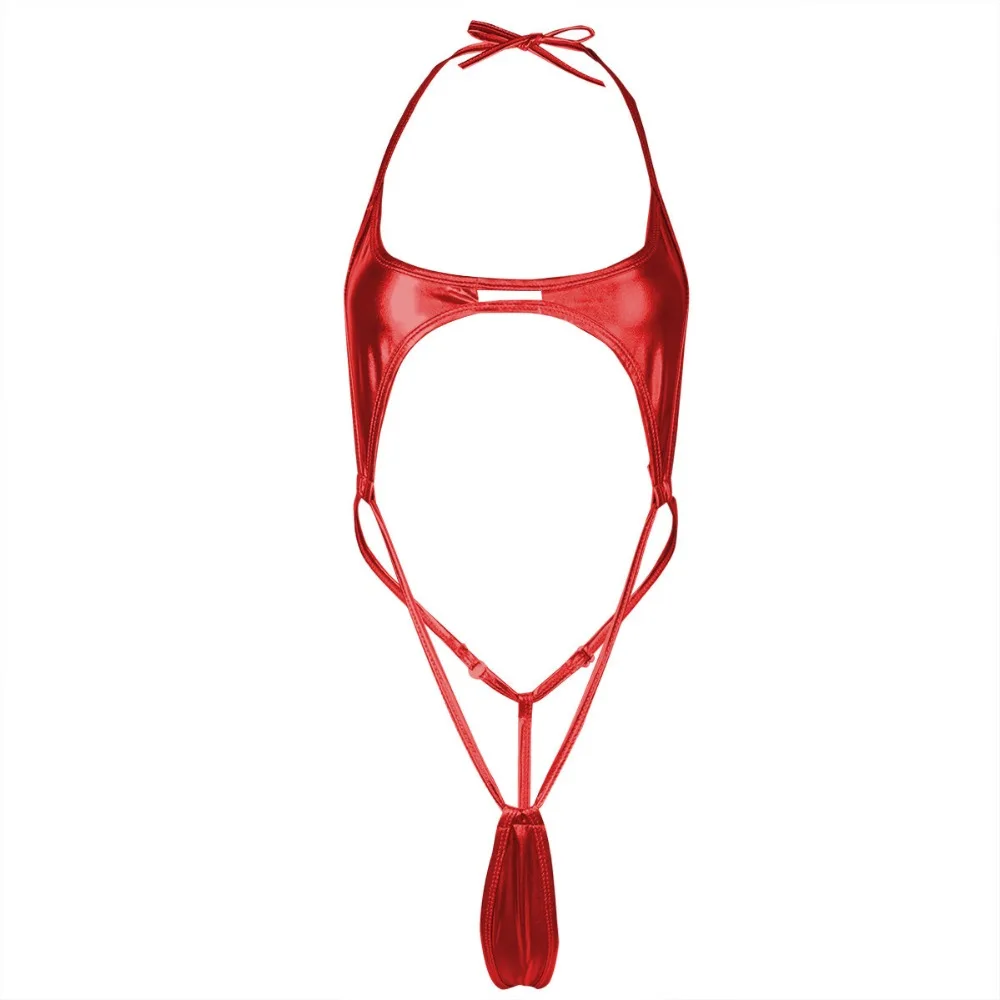 Women Sexy Patent Leather Lingerie Bodysuit Halter Teddy High Cut Bikini Thong Bodysuit Monokini