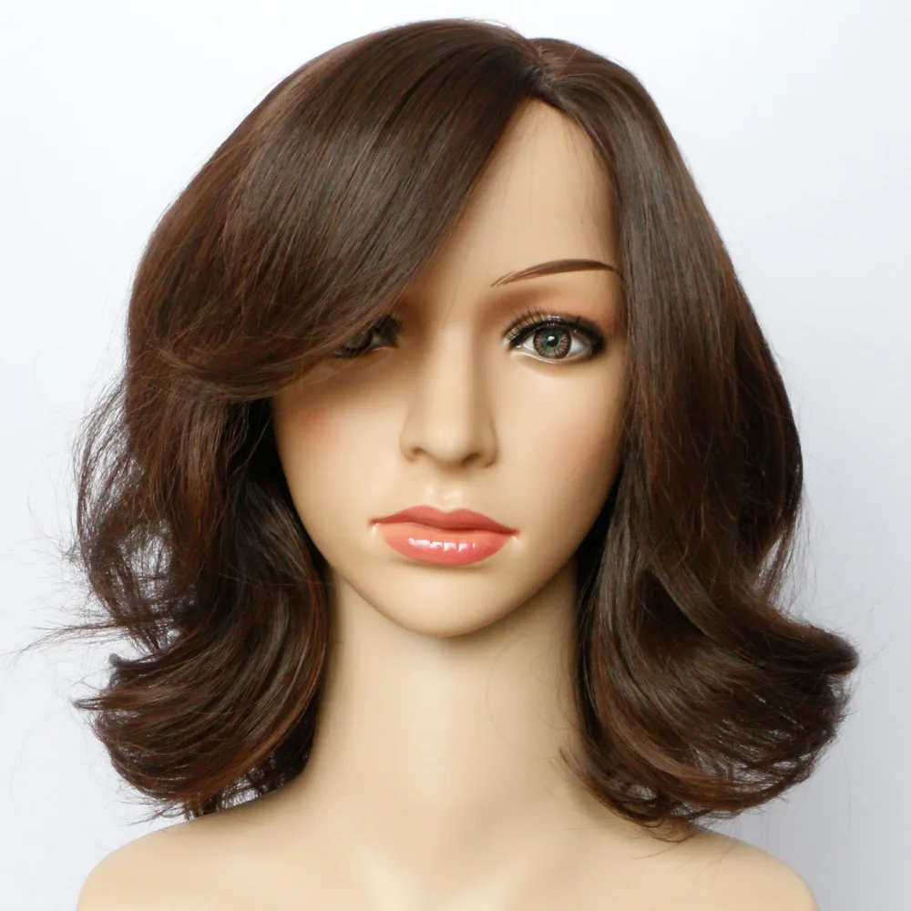 Soloowigs Wavy Dark Brown Synthetic Wigs with Tilted Frisette 14inch