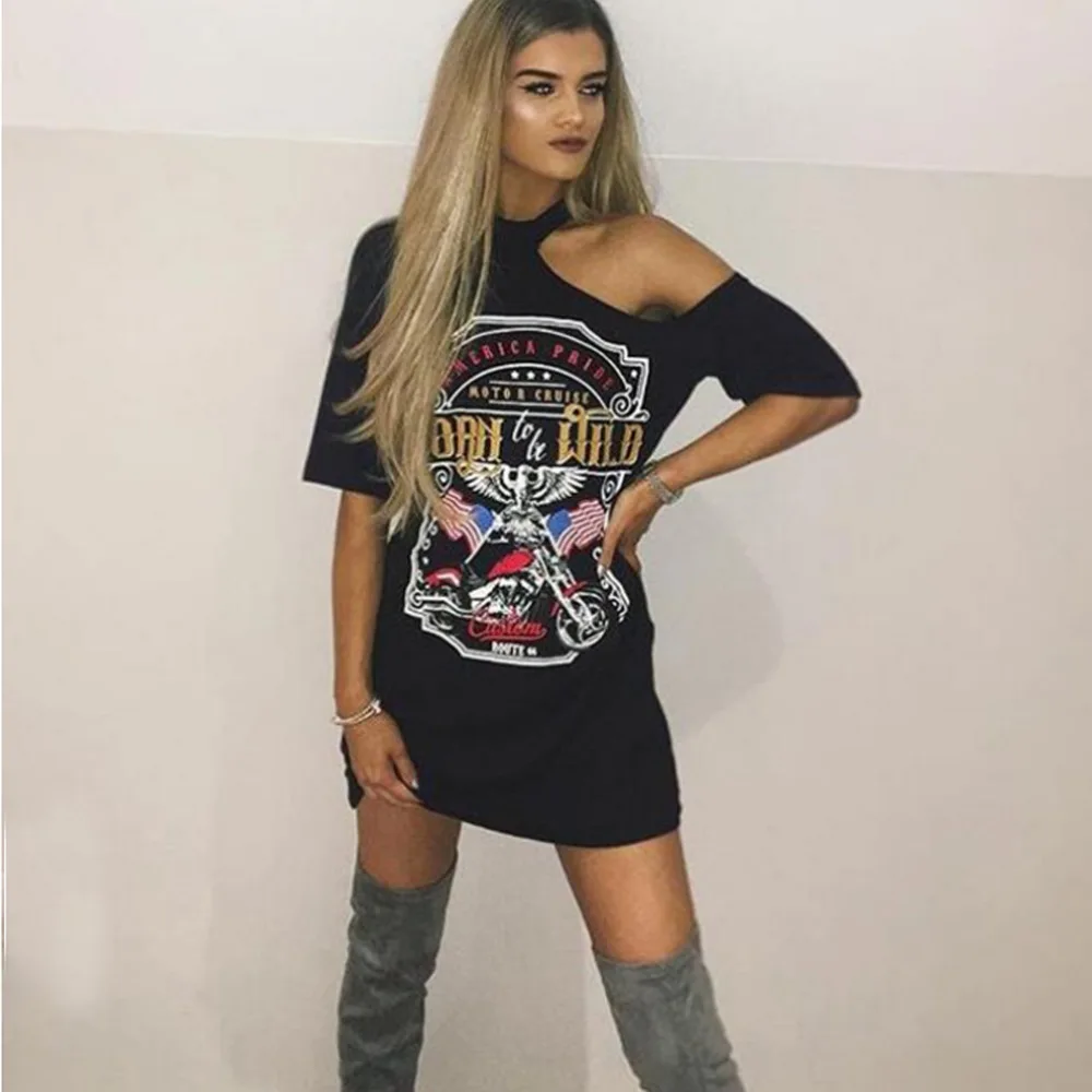 

Ladies Women Punk Rock Short Sleeve Eagle Print T-Shirt Cut Shoulder Halter Baggy Shirt