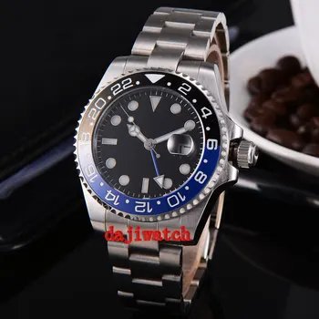 

43mm Sterile black dial stainless steel case Sapphire glass calendar GMT mechanical automatic watch men Dual time zone