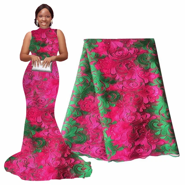 Fushia pink green tulle lace fabric green gold african lace fabric with