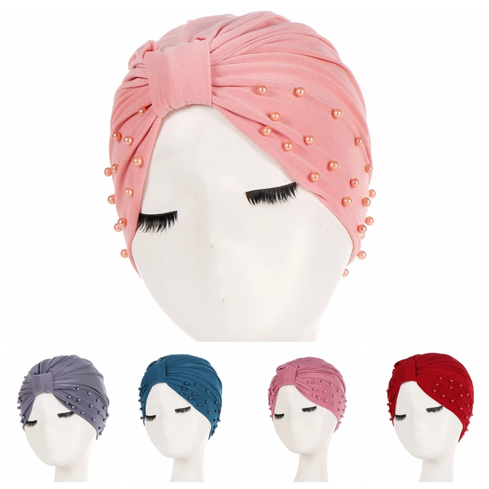 

1Pc Solid Fashion Women Cotton Beading India Ruffle Turban Elastic Muslim Hat Chemo Cap Headwrap Soft Sleeping Hat Beanie Hijabs