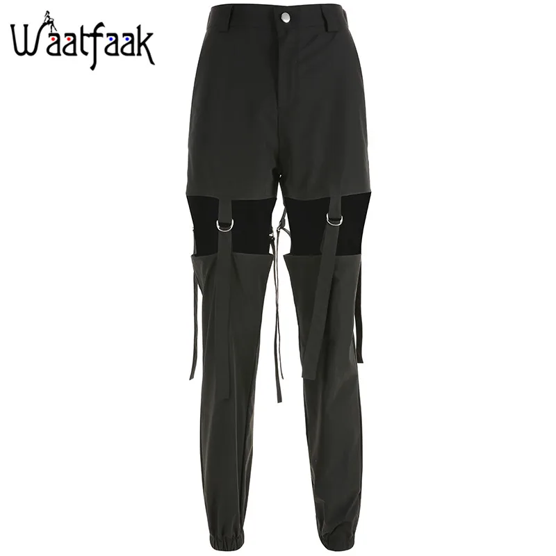 Waatfaak Пряжка выдалбливают черные брюки карго женские Высокая талия уличная тренировочные брюки длинные свободные летние брюки женские с ремешками - Цвет: Черный