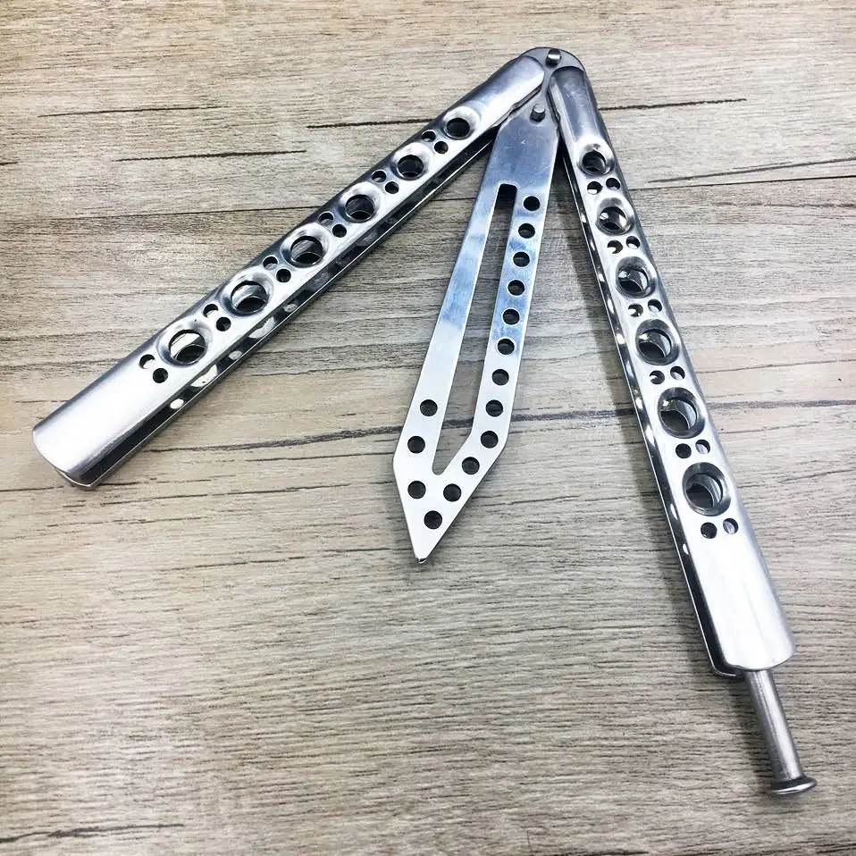 Round hole blade Тренировочный серебряный нож-бабочка из нержавеющей стали для косплея, нож-бабочка, тренировочный инструмент, складной нож, инструмент без края - Цвет: Round hole blade