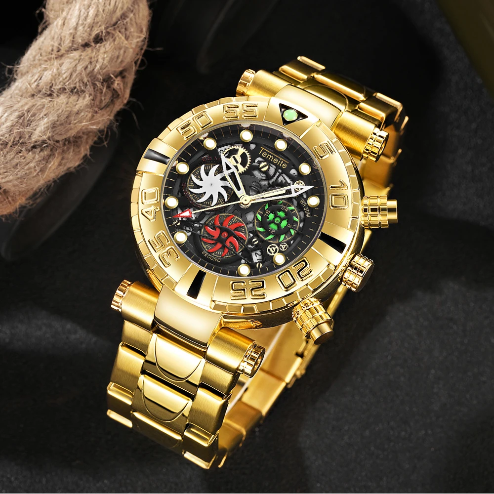 Temeite Golden Blue Luxury Watch Men Creative Dial Quartz Watches Full Steel Waterproof Wristwatches Sport Military Male Clock