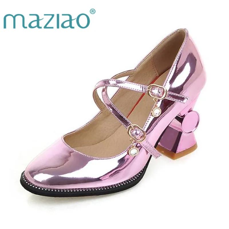 

MAZIAO 2018 Spring Mirror Women Pumps High Heels Cross Tied Footwear Strange Style Square Toe Elegant Ladies Shoes Big Size