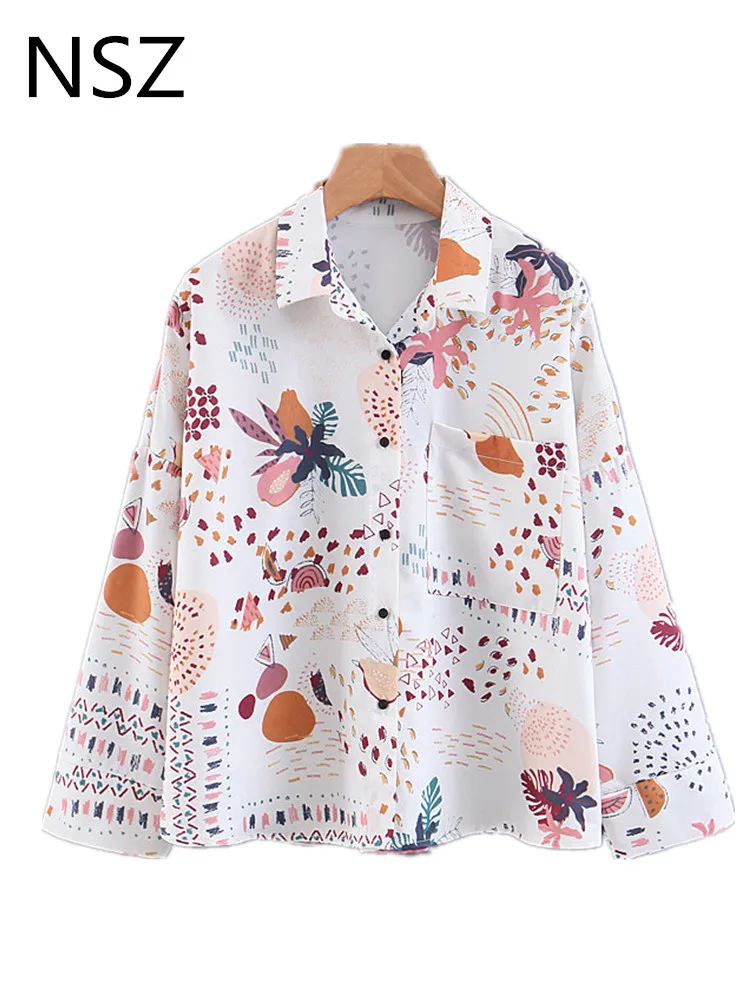 

NSZ Women Print Oversize Blouse Long Sleeve Shirt Turn Down Collar Crop Top Loose Casual Short Top Cropped Clothing Camiseta