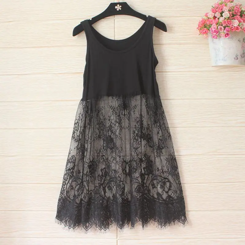 

Korean Autumn Winter Women Lace Dress Black White Casual Sexy Sleeveless Mesh lace See Through Beach Basic Bottoming Dresses