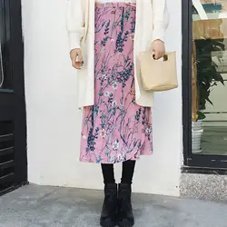 Женские Модные юбка с цветочным принтом-удлиненная юбка Для женщин на шнуровке Pleuche юбка женские юбки harajuku faldas mujer moda 2018