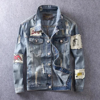 

Newly Autumn High Street Fashion Men Jacket Retro Blue Color Patch Design Printed Denim Jacket Hombre Hip Hop Coat Men Outwear