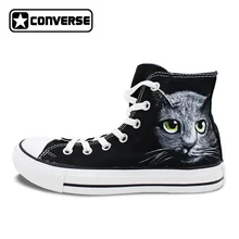 Мужские нестандартная обувь черные Converse All Star ручной росписью Кошка Холст Кроссовки Женская Брендовая обувь Chuck Taylor