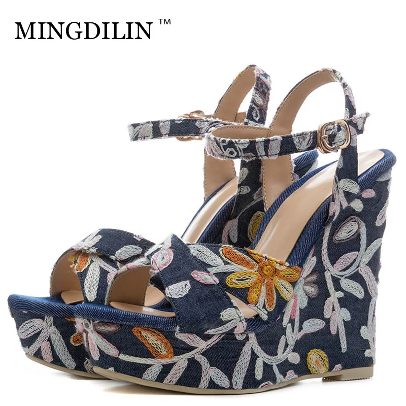 

MINGDILIN Summer Women's High Heels Sandals Woman Heels Shoes Denim Embroider Platform Women's Wedges Sandals Zapatos Mujer Blue