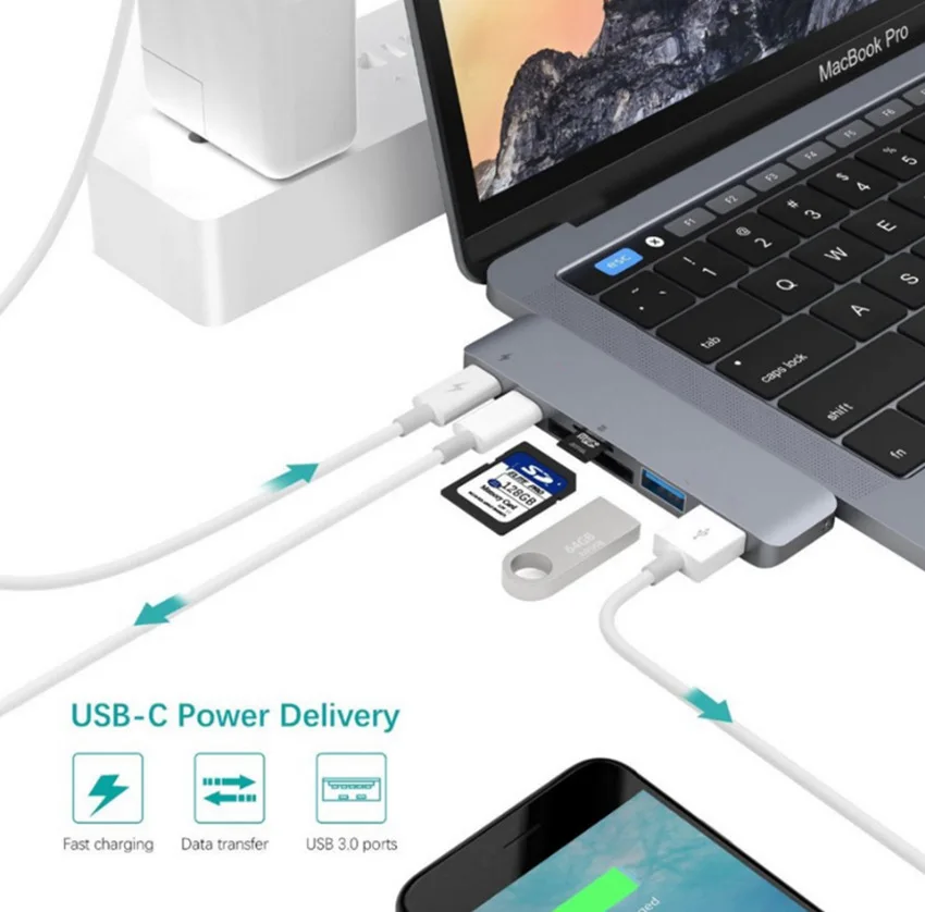 Алюминиевый двойной USB C концентратор TF/SD/Micro SD кард-ридер 2 USB 3,0 тип-c разветвитель адаптер быстрой зарядки порт для Macbook Pro 13 15