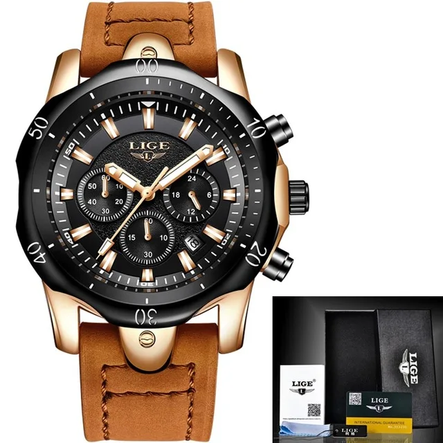 Rose gold black Relogio Masculino LIGE Роскошные Кварцевые часы для мужчин синий циферблат часы спортивные часы Moon Phase хронограф сетчатый ремень наручные часы - Цвет: Rose gold black