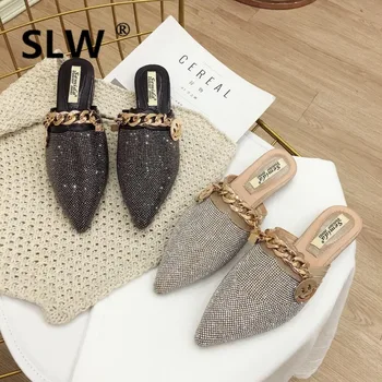 

Woman Shoes Luxury Flat Slippers Glitter Slides Mules Women Flock Designer Jelly 2019 Sliders Crystal Fabric Basic Rubber PU