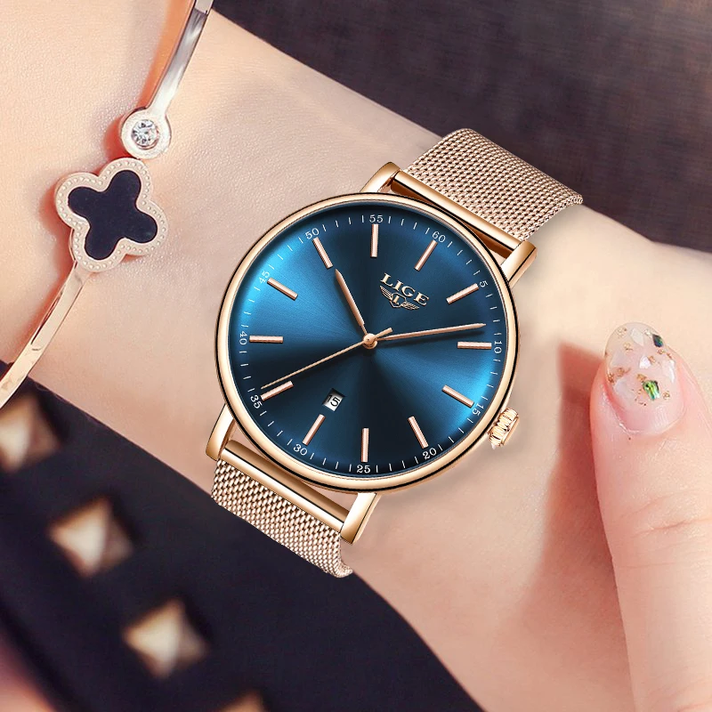 LIGE Ultra thin Ladies Watch Brand Luxury Women Watches Waterproof Rose Gold Stainless Steel Quartz Wrist Watch Montre Femme+B LIGE Ultra thin Ladies Watch Brand Luxury Women Watches Waterproof Rose Gold Stainless Steel Quartz Wrist Watch Montre Femme+B