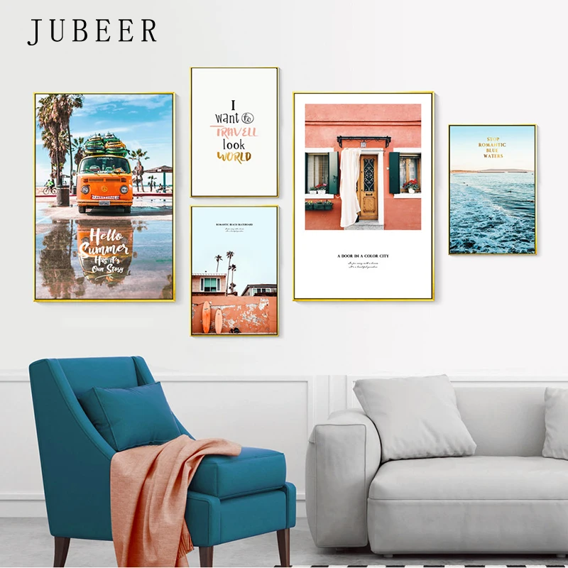 

Nordic Style Landscape Posters and Prints Car Canvas Painting Sea Wave Cuadros Decoracion Salon Posters on the Wall Modern