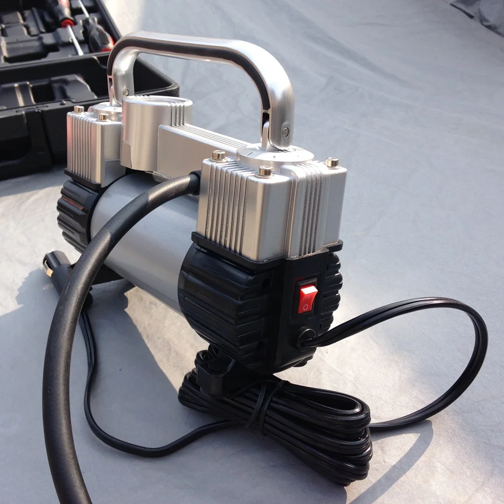 Goedkoop Groothandel Goede Kwaliteit Opblaasbare Pomp met Band Reparatie Tool Auto Luchtcompressor 12 V met Toolbox Twin Cilinder Metalen Pomp