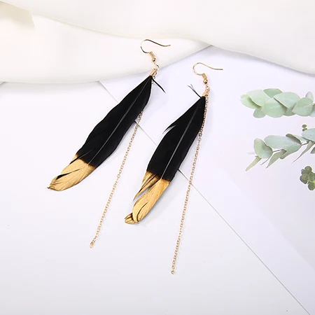 KARASU, богемные серьги-кисточки с перьями, длинная цепочка, висячие серьги для женщин, подарок для девушек, женские модные ювелирные изделия - Окраска металла: 0372 black
