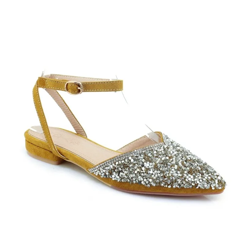 Туфли-лодочки на весну и осень, новая женская обувь из флока, украшенная кристаллами, с острым закрытым носком, с пряжкой, на низком каблуке, большие размеры 32-43