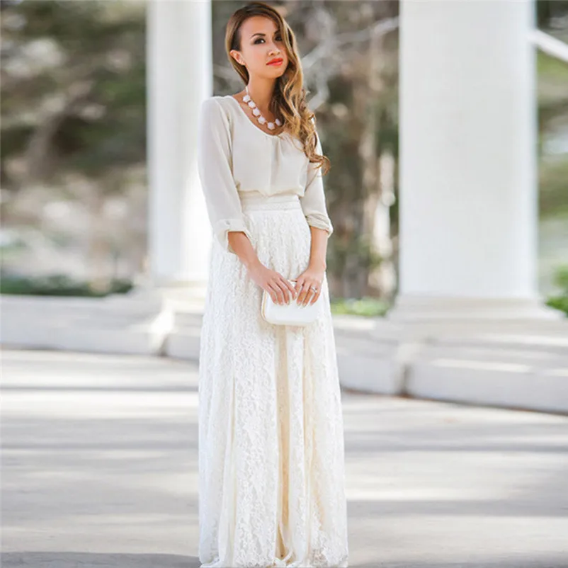 New Fashion 2018 Summer style skirts womens Lace Double Layer Pleated Long Maxi Skirt Elastic Waist Skirt Femme Saia Y05#N (3)