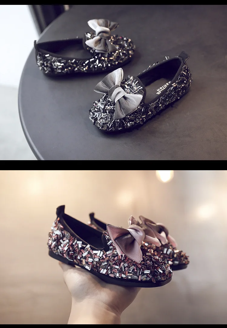 Autumn New Kids' Leather Shoes with Butterfly Knot Princess Shoes Big Bowknot Girls Flats with Sequins Flat Heel Slip On