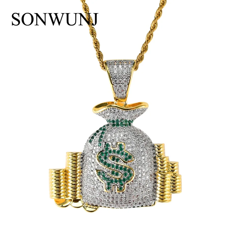 

Bling bling Hip Hop Money Bag $ Pendant Copper Micro pave with CZ stones Necklace Jewelry for men and women CN003