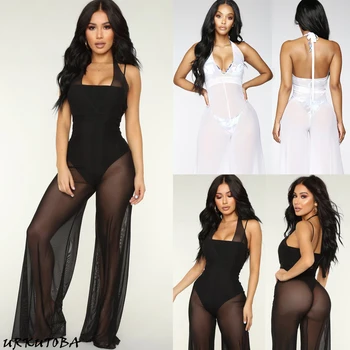 

HOT Women Wide Leg Pants Casual Ladies Loose Trousers Sexy Mesh Sheer Jumpsuit